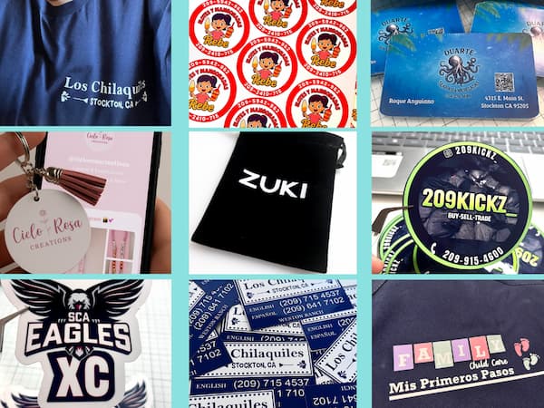 Mosaico de productos: stickers, imanes, llaveros, playeras y gorras